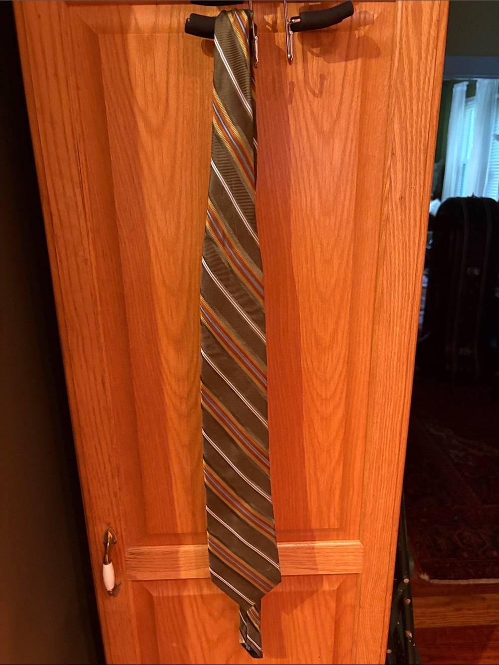 Daniel Cremieux Olive Green Striped Silk Tie with Orange and Blue Accents
